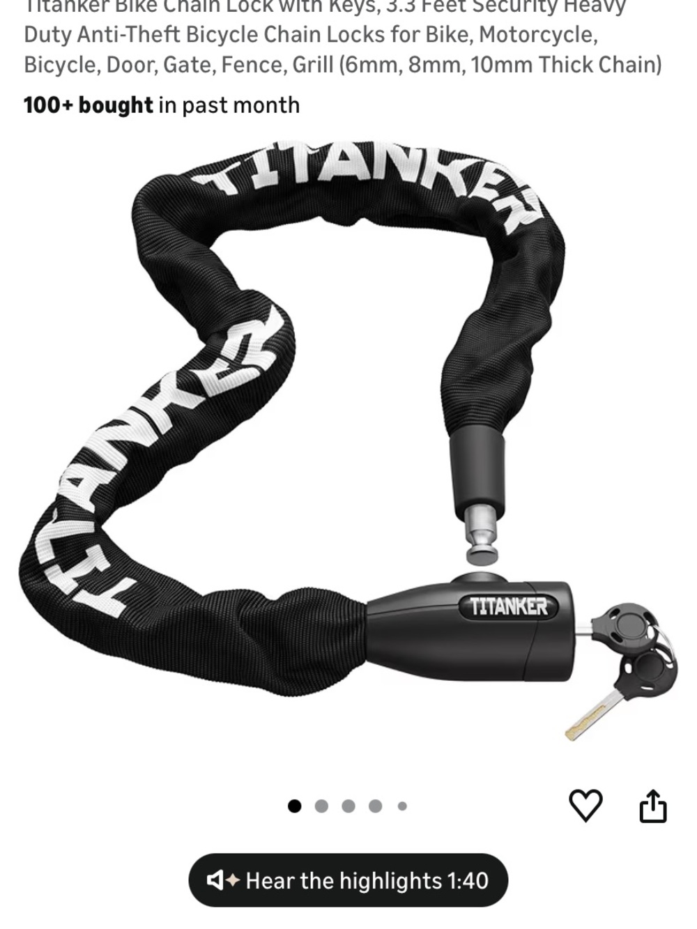 Titan Heavy-Duty Bike Chain Lock with Black Sleeve and White Logo